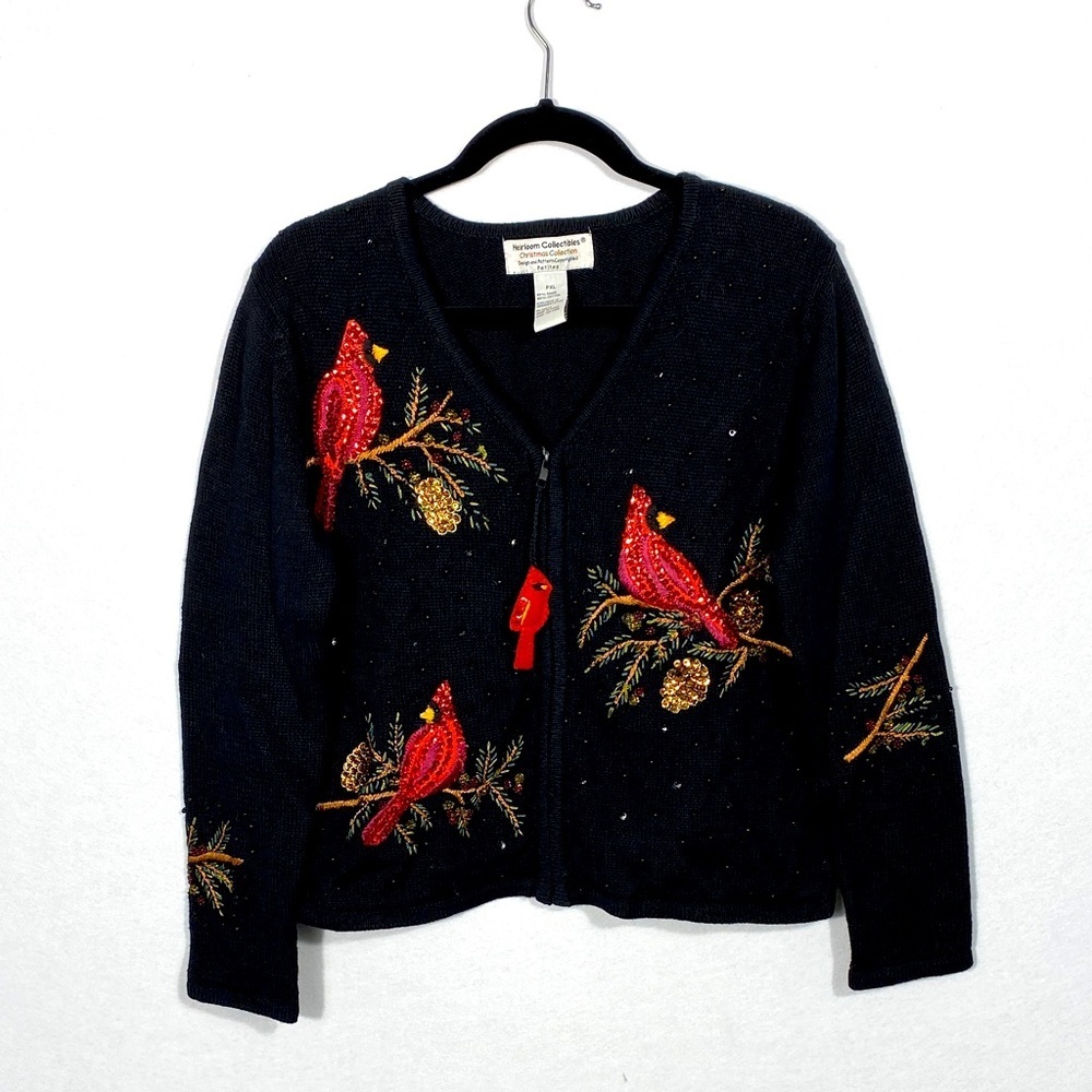 Heirloom Collectibles Women's Black Zip Front Sweater Embellished Cardinals PXL